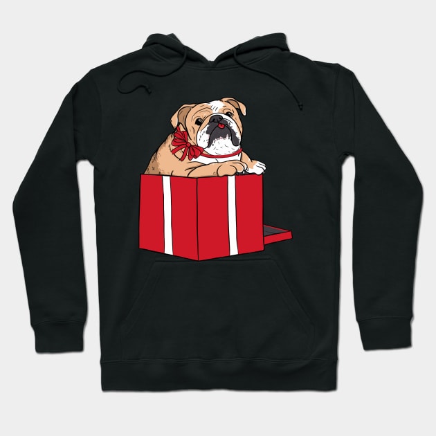 Illustrated cute english Bulldog jumping out of a red present box Hoodie by illograph